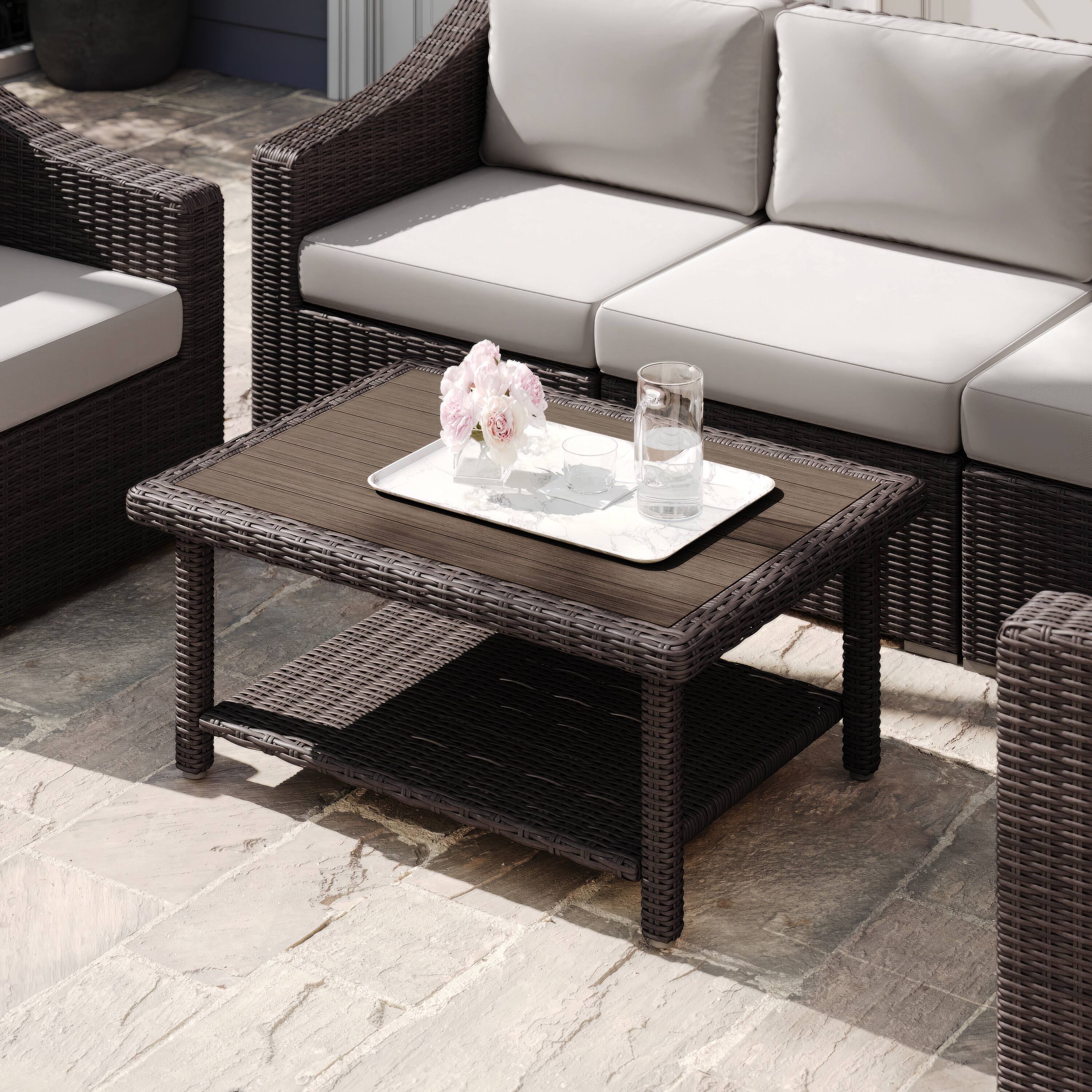 Alt View 4. Martha Stewart - Bedford Outdoor Rattan Wicker Patio Coffee Table with Engineered Wood Top - Brown.