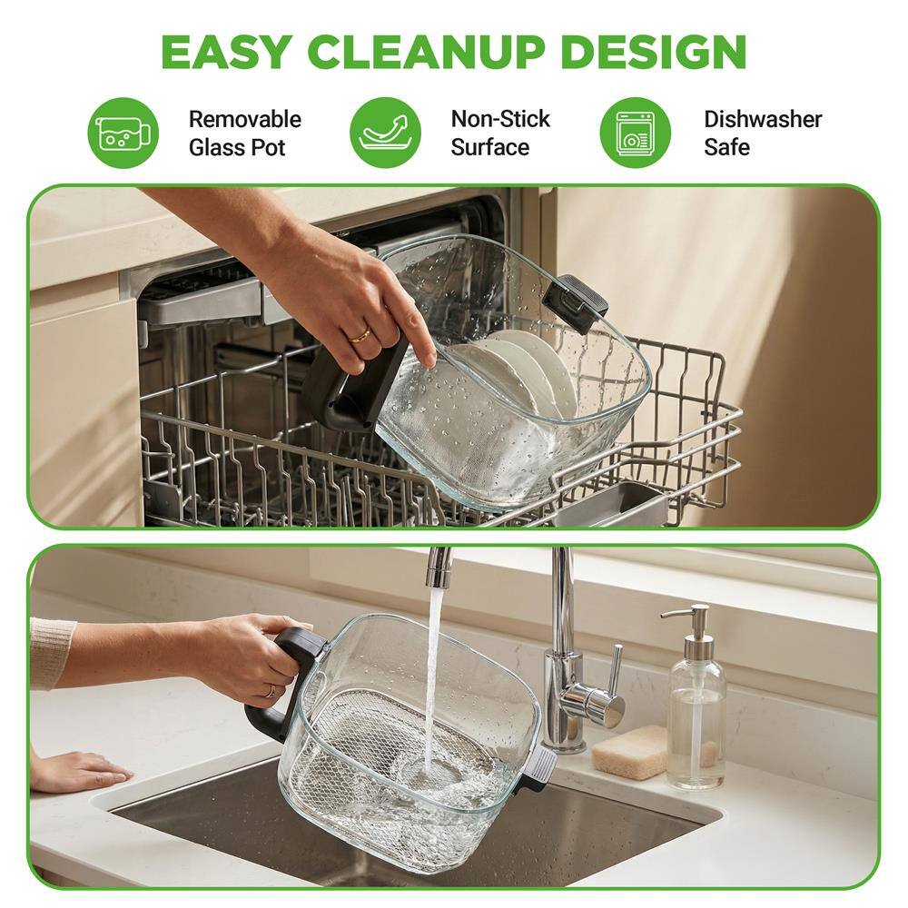 EASY CLEANUP DESIGN
- Removable Glass Pot
- Non-Stick Surface
- Dishwasher Safe