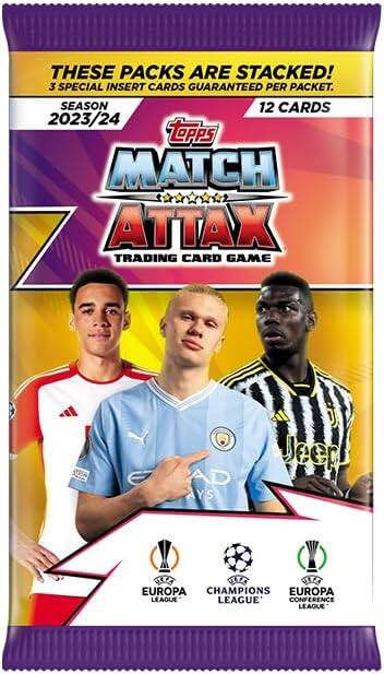 **THESE PACKS ARE STACKED!**  
3 SPECIAL INSERT CARDS GUARANTEED PER PACKET.  

**SEASON 2023/24**  
**12 CARDS**  

**Topps MATCH ATTAX**  
TRADING CARD GAME  

**EUROPA LEAGUE**  
**CHAMPIONS LEAGUE**  
**EUROPA LEAGUE CONFERENCE LEAGUE**