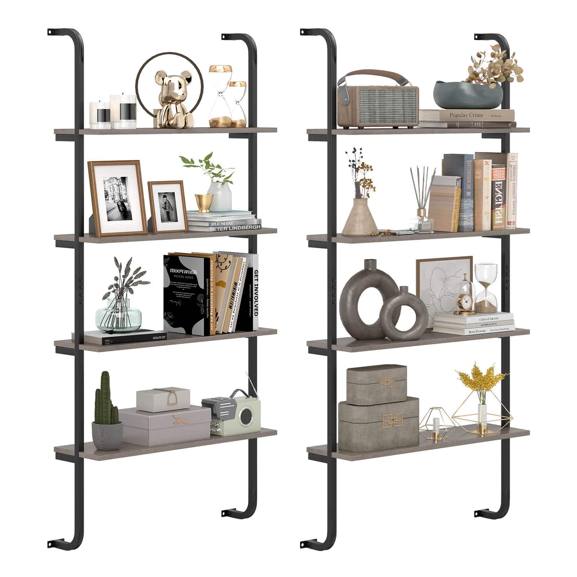 Costway - 2 PCS 4-Tier Wall-mounted Ladder Shelf Display Bookshelf with Heavy-duty Metal Frame - Gray Oak