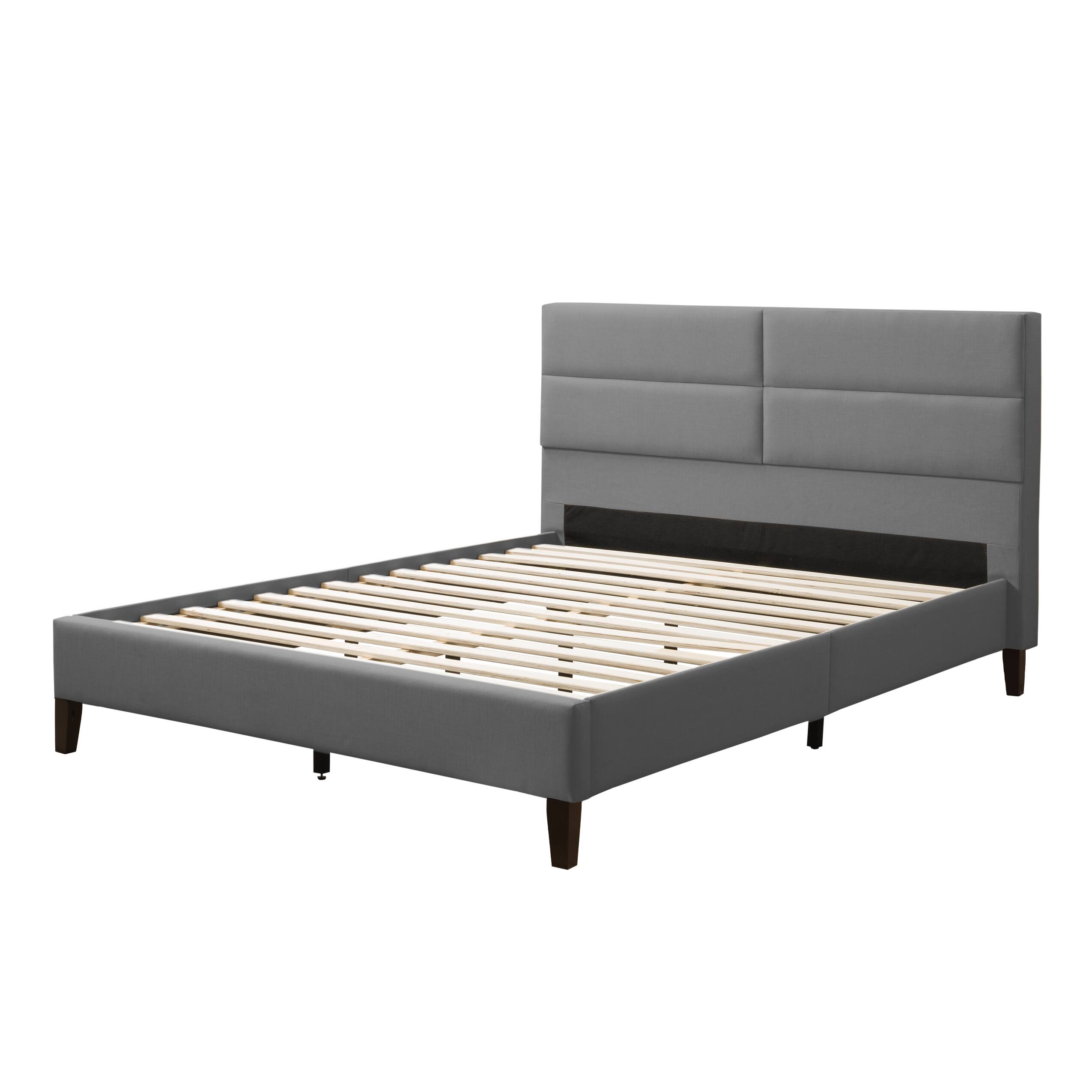 Front. CorLiving - CorLiving Emerson Light Grey Upholstered King Platform Bed Frame with Rectangle Tufted Headboard and Slats - Light Grey.