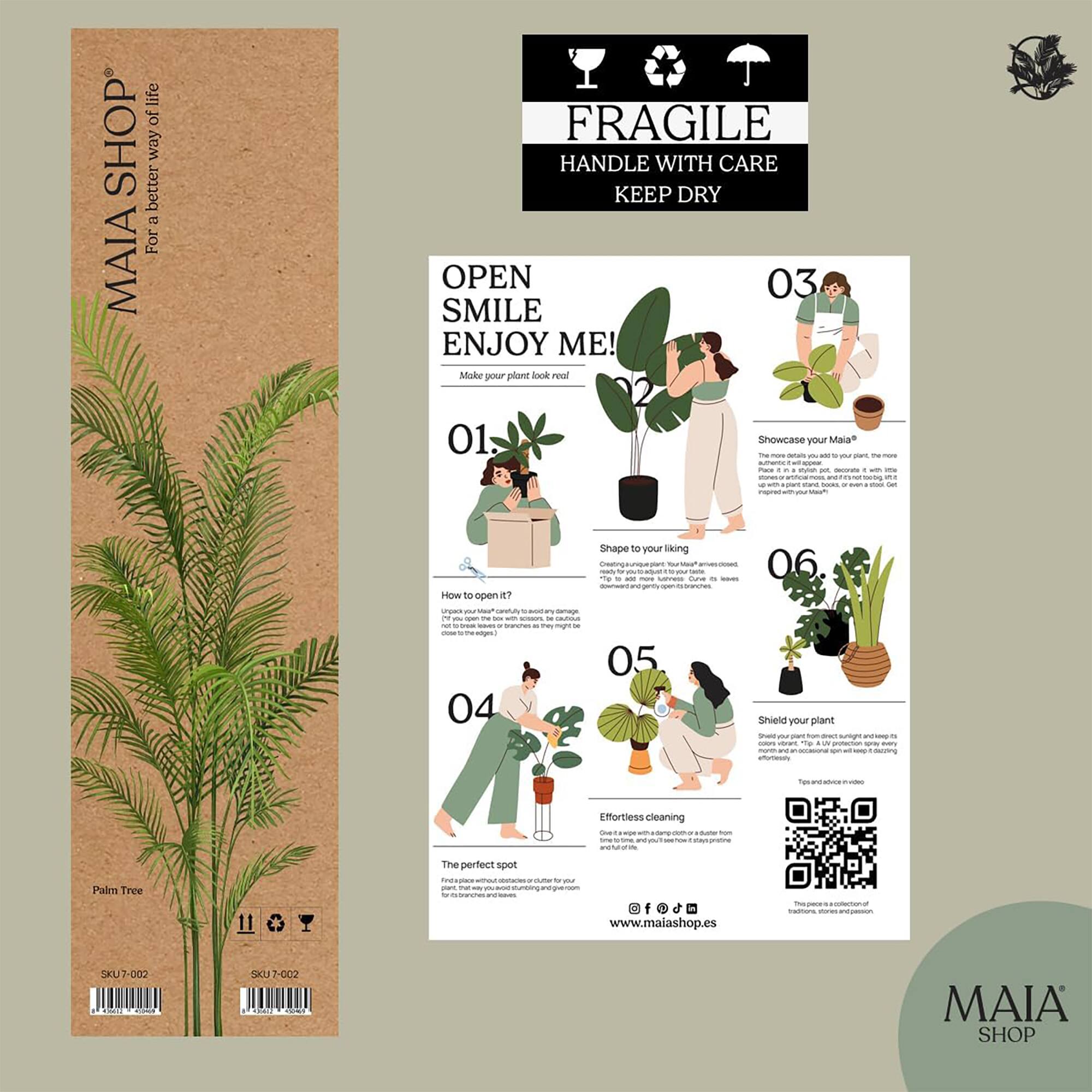 Sure, here is the corrected and grouped text from the image:

---

**MAIA SHOP**  
For a better way of life

**FRAGILE**  
HANDLE WITH CARE  
KEEP DRY

**OPEN SMILE ENJOY ME!**  
Make your plant look real!

**01.**  
How to open it?  
Unpack your MAIA* carefully!  
1. Open the box, remove the top layer.  
2. Open the second layer, remove the top layer.  
3. Open the third layer, remove the top layer.  
4. Open the fourth layer, remove the top layer.  
5. Open the fifth layer, remove the top layer.  
6. Open the sixth layer, remove the top layer.  
7. Open the seventh layer, remove the top layer.  
8. Open the eighth layer, remove the top layer.  
9. Open the ninth layer, remove the top layer.  
10. Open the tenth layer, remove the top layer.  
11. Open the eleventh layer, remove the top layer.  
12. Open the twelfth layer, remove the top layer.  
13. Open the thirteenth layer, remove the top layer.  
1