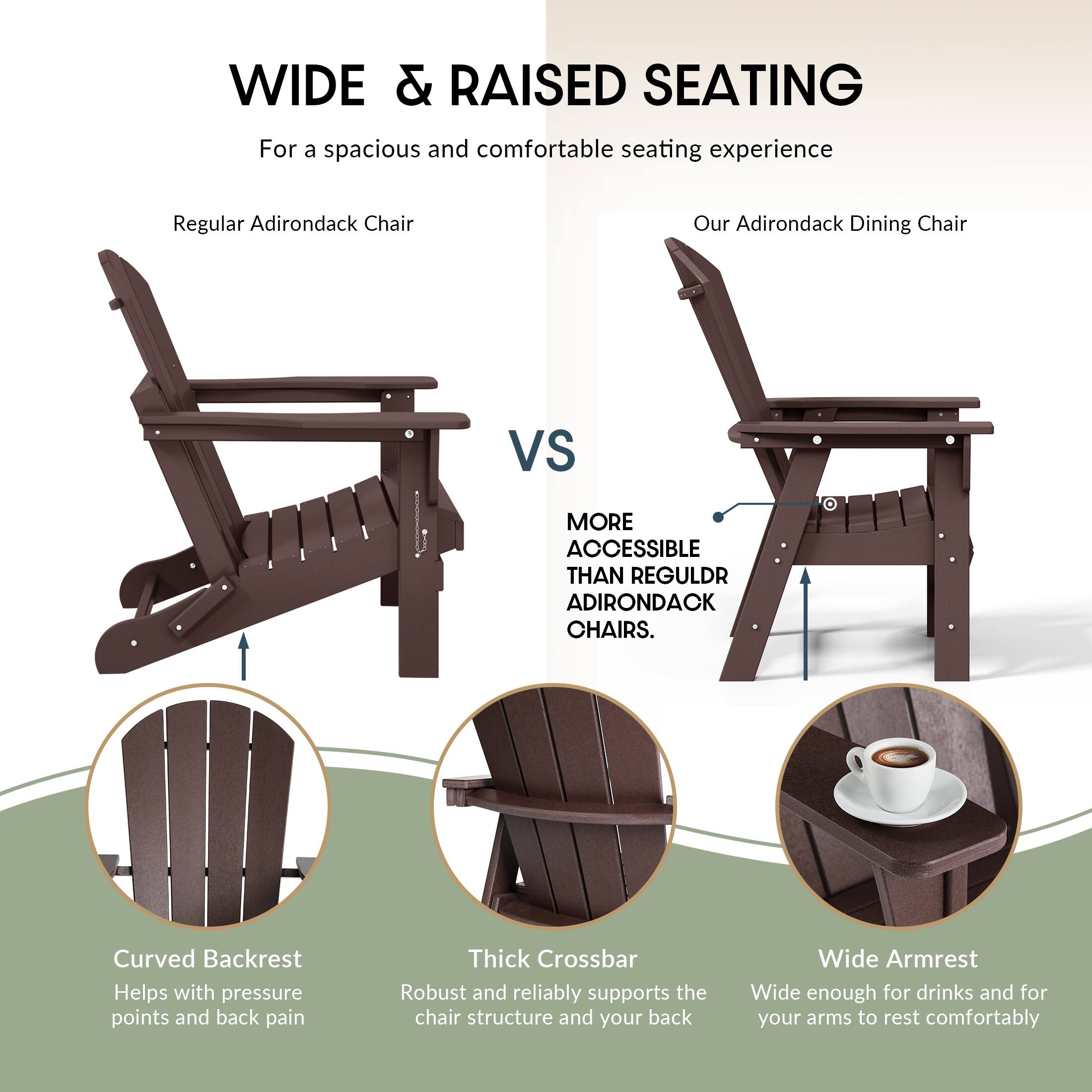 WIDE & RAISED SEATING  
For a spacious and comfortable seating experience

Regular Adirondack Chair  
VS  
Our Adirondack Dining Chair

MORE ACCESSIBLE THAN REGULAR ADIRONDACK CHAIRS.

- Curved Backrest  
  Helps with pressure points and back pain

- Thick Crossbar  
  Robust and reliably supports the chair structure and your back

- Wide Armrest  
  Wide enough for drinks and for your arms to rest comfortably