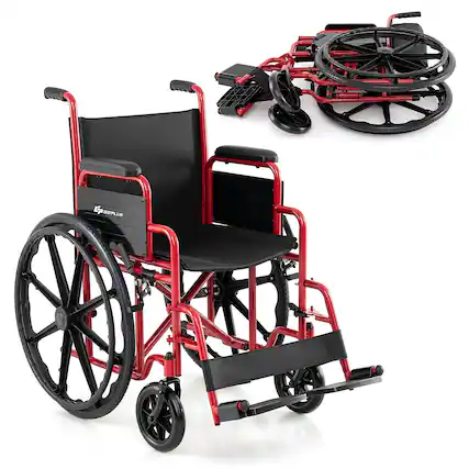 Front. GOPLUS - Goplus Lightweight Folding Wheelchair for Adults with Swing-Away Footrest & Desk Arm - Red+Black.
