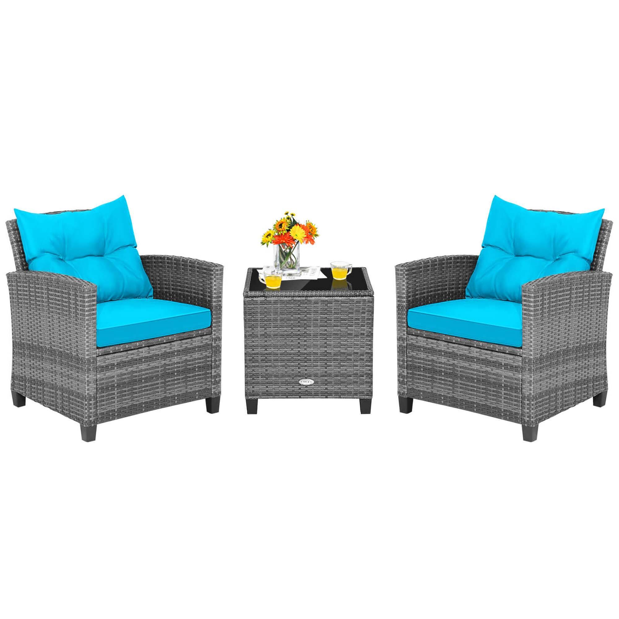 Front. Gymax - Gymax Set of 3 Rattan Furniture Bistro Set Cushioned Sofas Side Table Armrest Turquoise - Mix Grey, Turquoise.