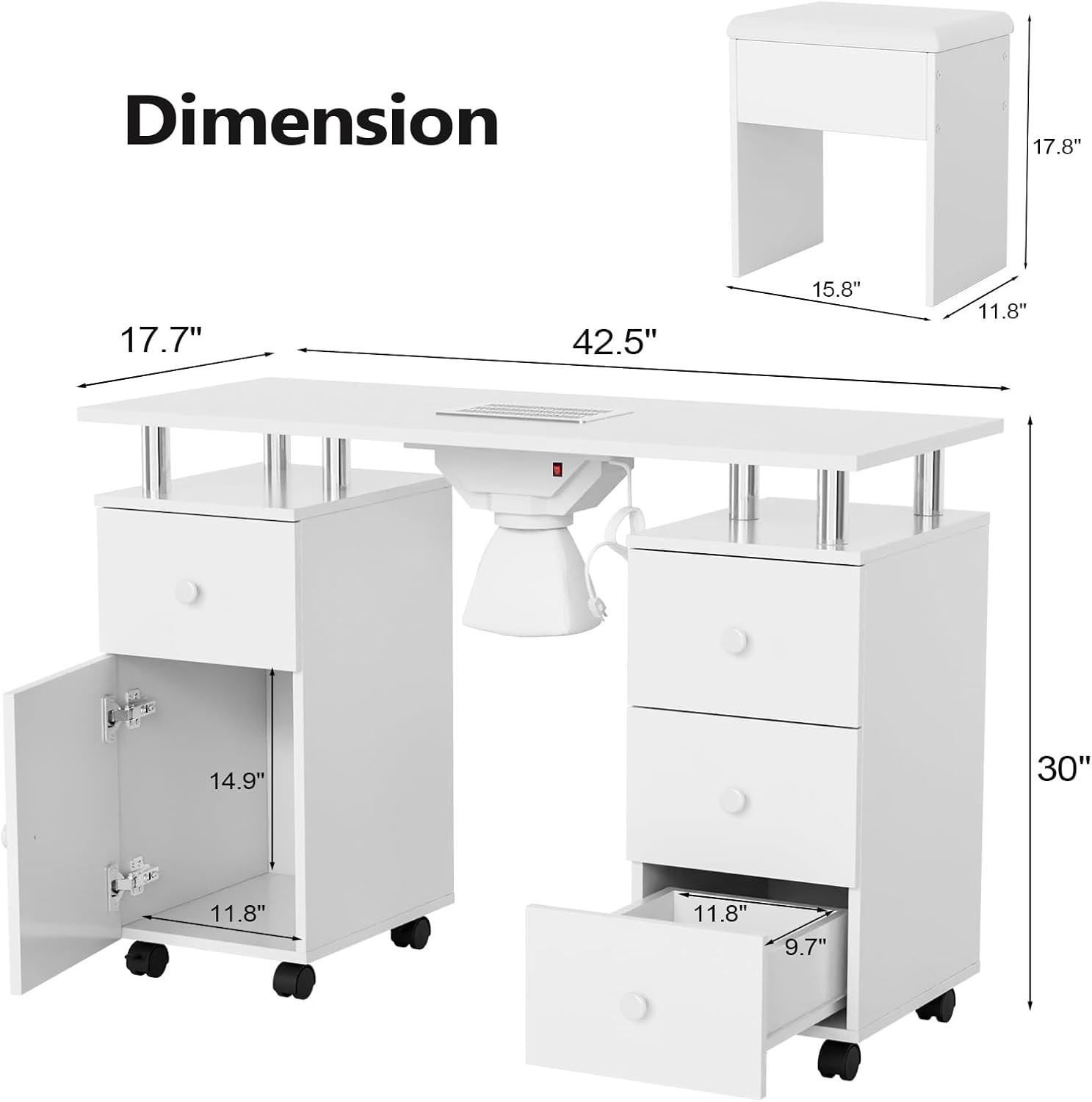 Dimension  
17.7"  
17.8"  
42.5"  
15.8"  
11.8"  
14.9"  
30"  
11.8"  
11.8"  
9.7"