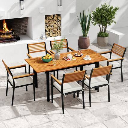 Front. Gymax - Gymax 7-Piece Patio Furniture Set Outdoor Dining Chair Set for 6 w/ Acacia Wood & Metal Frame - Natural, Black, Off White.