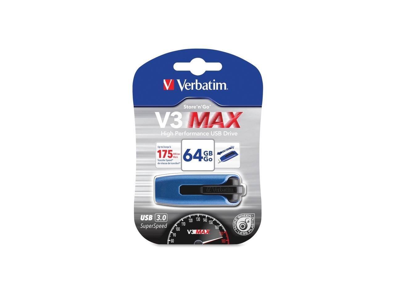 Verbatim Store'n'Go V3 MAX High Performance USB Drive  
64 GB  
Up to 175 MB/s Transfer Speed  
USB 3.0 SuperSpeed  
GREEN AORE STIC LESS PLASTIC