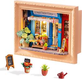 Robotime - Rolife Daily Fresh Flower DIY Miniature House Kit, Mini Wooden Kit for Adults, 3D Shadow Box Frame Decor Diorama Kit - Brown