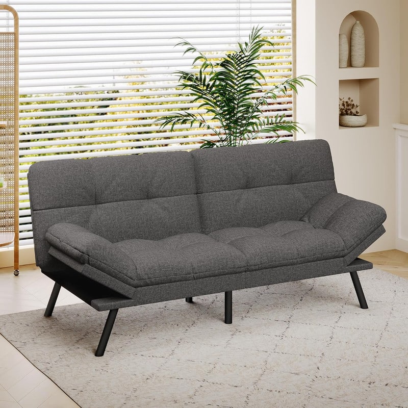 Vipbear - Futon Sofa Bed, 71" Convertible Memory Foam Grey Couch with Adjustable Backrest and Armrest, for Offices - Light Gray