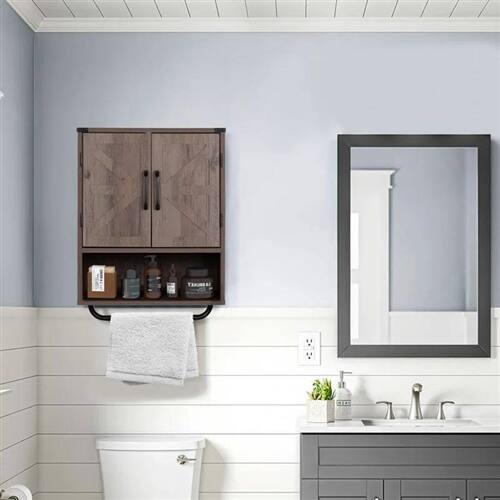 Angle. SlickBlue - Bathroom Wall Cabinet Farmhouse Style with Towel Bar, Wood Finish - Taupe Grey.