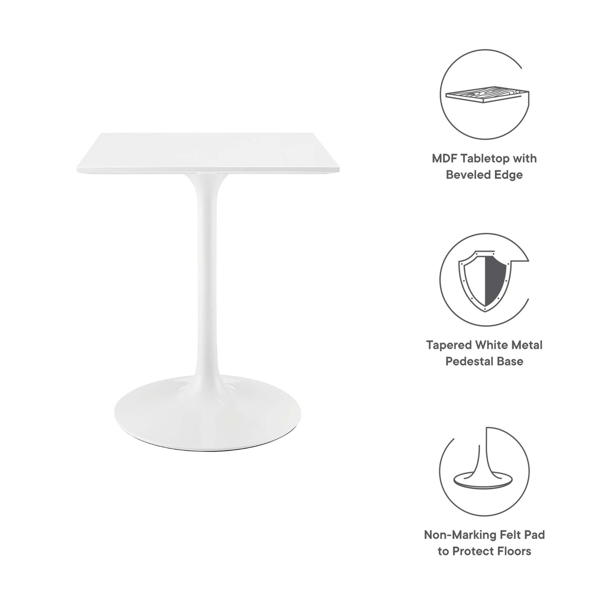 MDF Tabletop with Beveled Edge  
Tapered White Metal Pedestal Base  
Non-Marking Felt Pad to Protect Floors