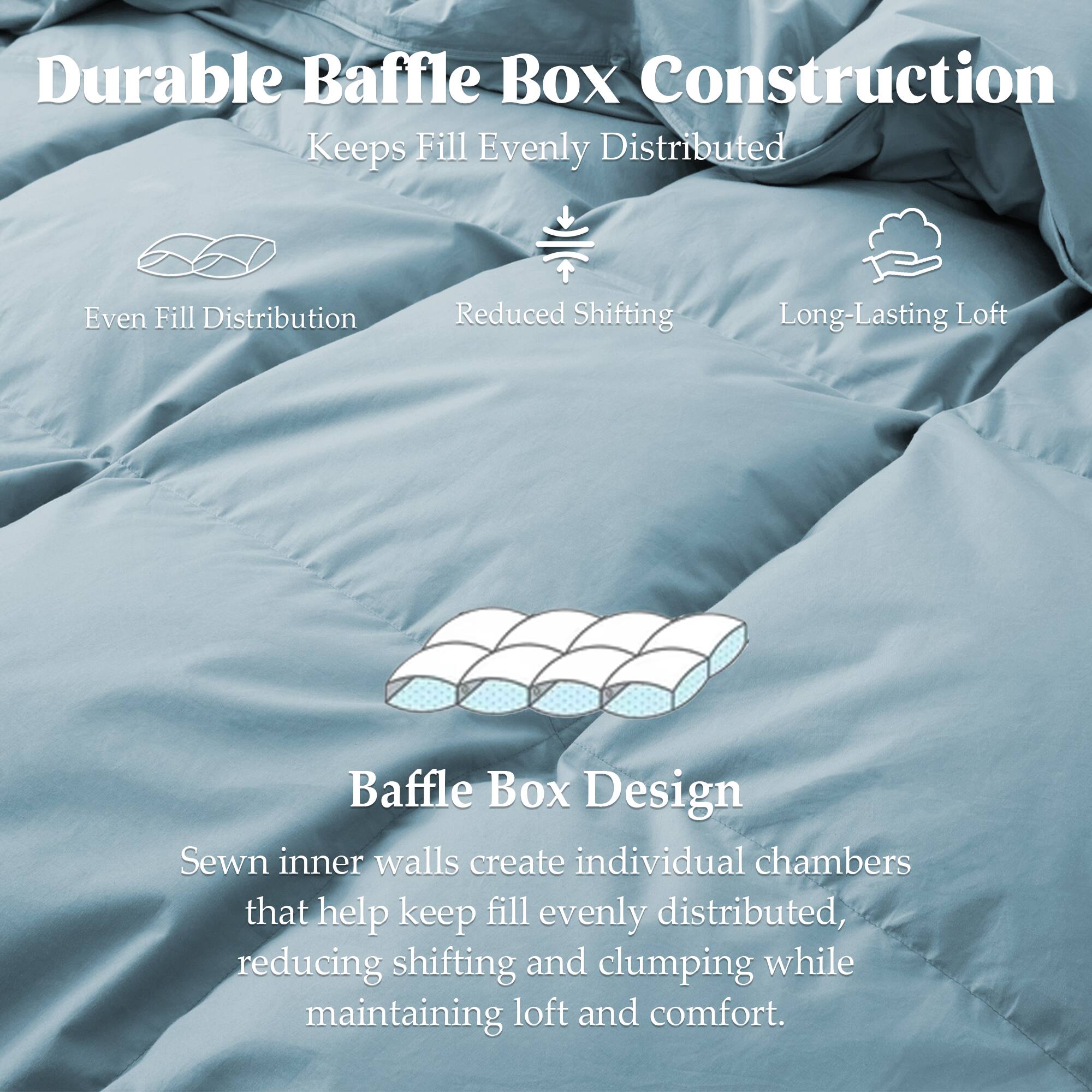 Durable Baffle Box Construction Keeps Fill Evenly Distributed

Even Fill Distribution
Reduced Shifting
Long-Lasting Loft

Baffle Box Design
Sewn inner walls create individual chambers that help keep fill evenly distributed, reducing shifting and clumping while maintaining loft and comfort.