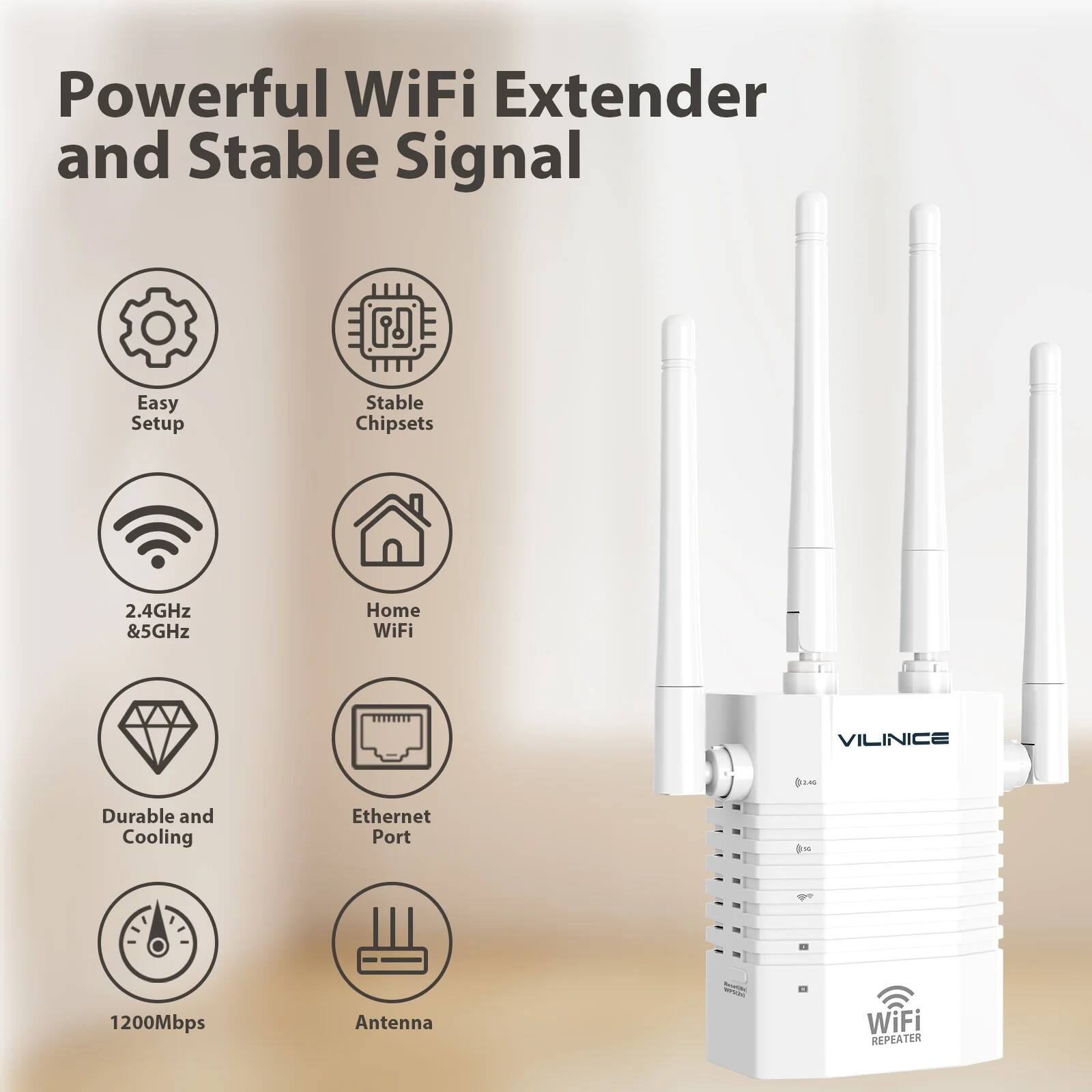 Powerful WiFi Extender and Stable Signal

- Easy Setup
- Stable Chipsets
- 2.4GHz & 5GHz
- Home WiFi
- Durable and Cooling
- Ethernet Port
- 1200Mbps
- Antenna