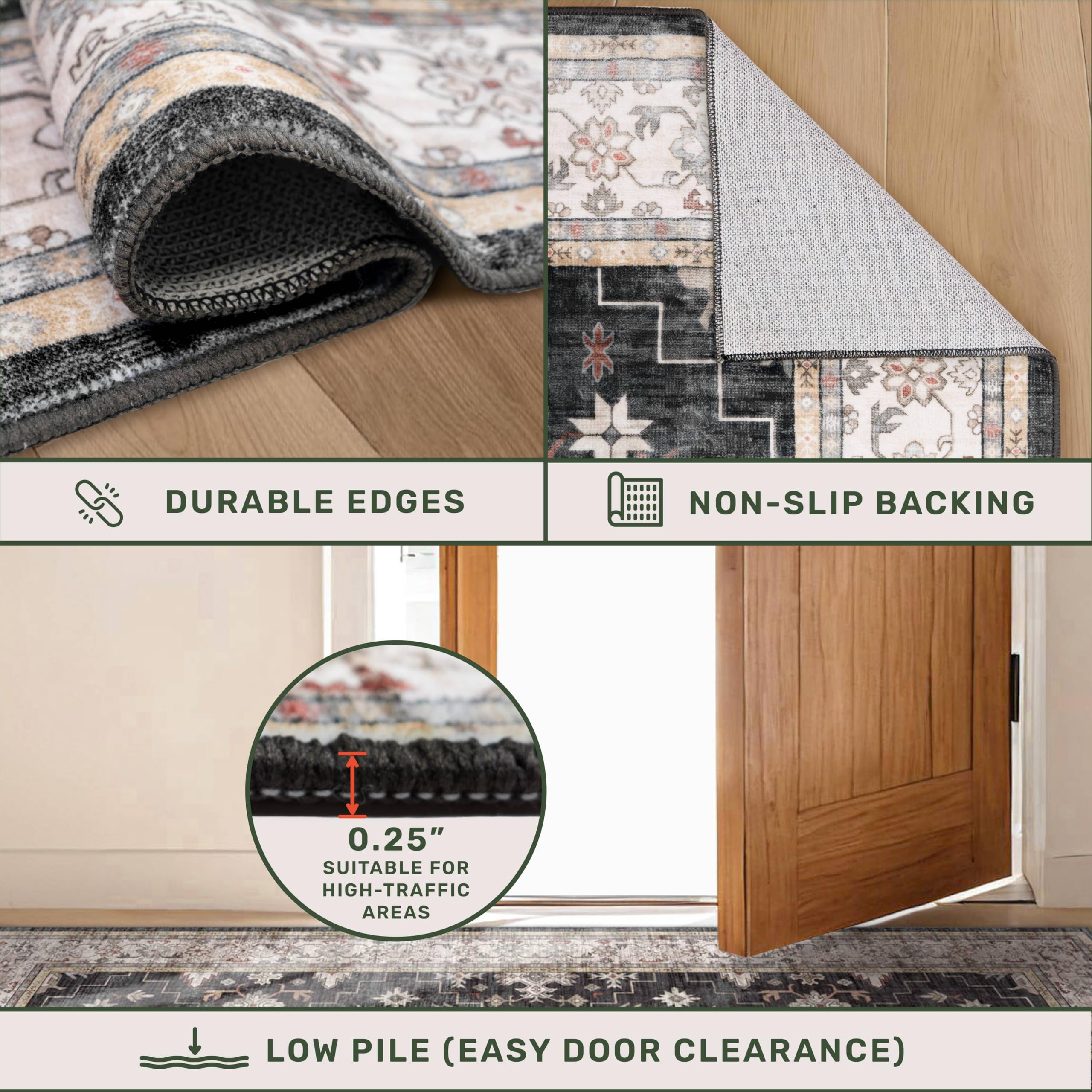 - DURABLE EDGES
- NON-SLIP BACKING
- 0.25" SUITABLE FOR HIGH-TRAFFIC AREAS
- LOW PILE (EASY DOOR CLEARANCE)