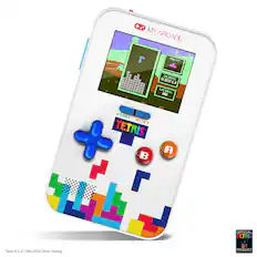 The image features a white Tetris-themed cell phone. The phone has a colorful design with Tetris-related buttons, such as "Start," "Reset," and "Score." The device is designed to resemble a classic arcade game, making it a fun and nostalgic accessory for fans of the iconic game.