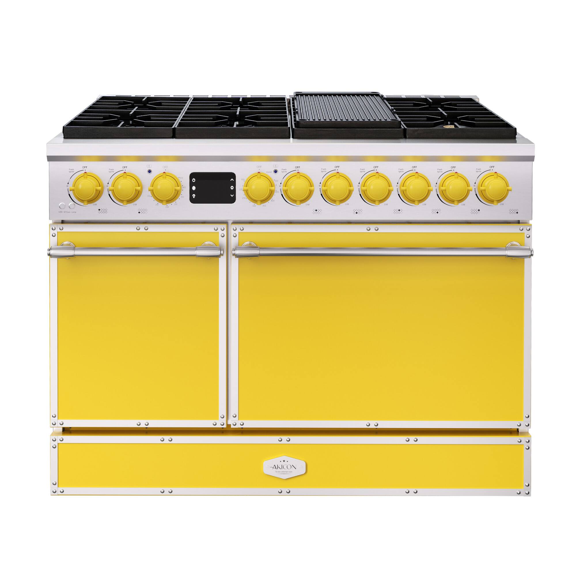 Angle. Akicon - Akicon 6.7 Cu.ft Freestanding Gas Rapid Convection Range with 8 Sealed Burners and Cast Iron Grates in Lemon Chrome - Lemon Chrome.