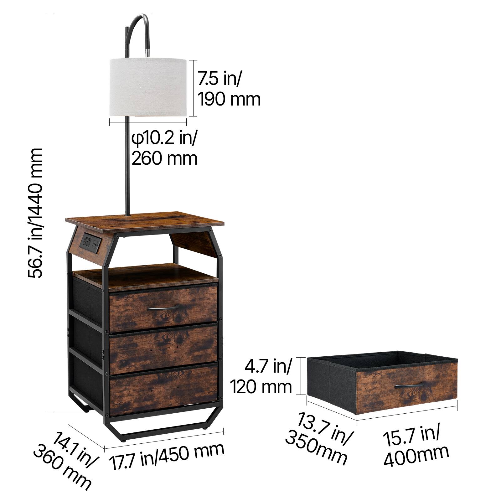7.5 in/ 190 mm  
10.2 in/ 260 mm  
4.7 in/ 120 mm  
13.7 in/ 350 mm  
15.7 in/ 400 mm  
14.1 in/ 360 mm  
17.7 in/ 450 mm  
56.7 in/ 1440 mm