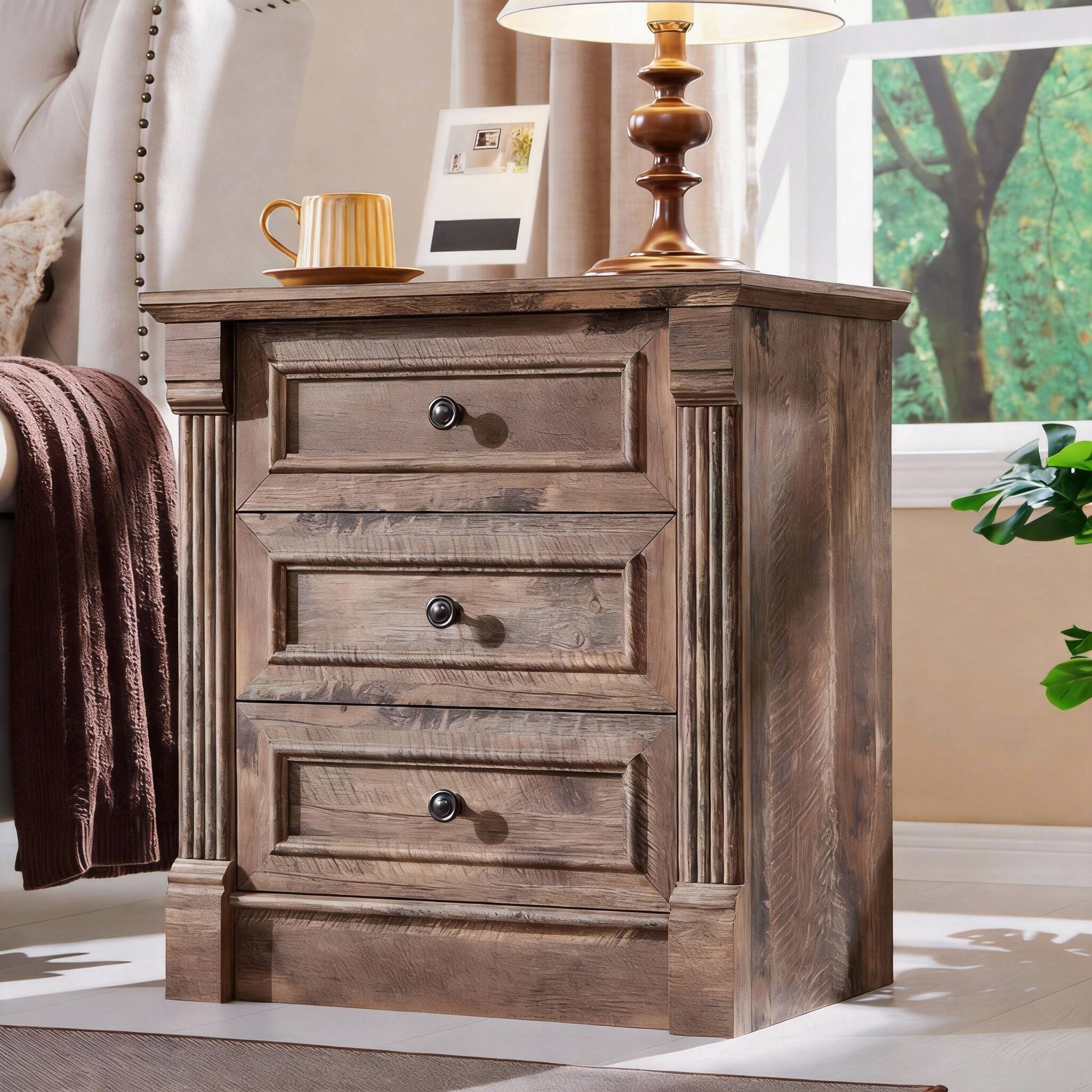 OMOMMD- Roman Column Nightstand with USB & AC Charging, Drawer & Shelf- Light Brown 15.5"D x 23.6"W x 26"H (3 Drawers)