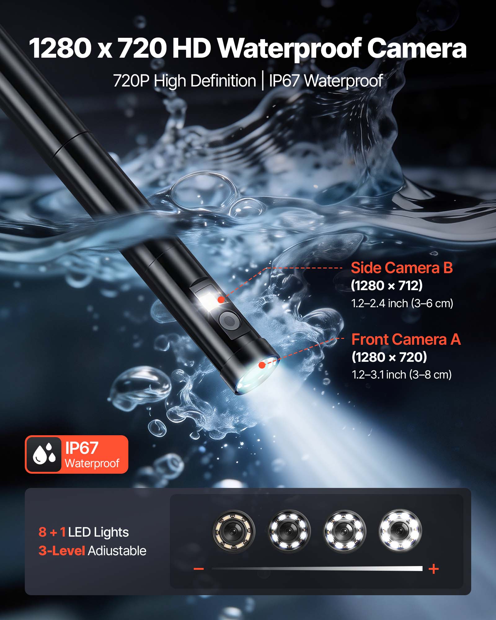 1280 x 720 HD Waterproof Camera  
720P High Definition | IP67 Waterproof  

Side Camera B  
(1280 x 712)  
1.2-2.4 inch (3-6 cm)  

Front Camera A  
(1280 x 720)  
1.2-3.1 inch (3-8 cm)  

IP67 Waterproof  

8 + 1 LED Lights  
3-Level Adjustable