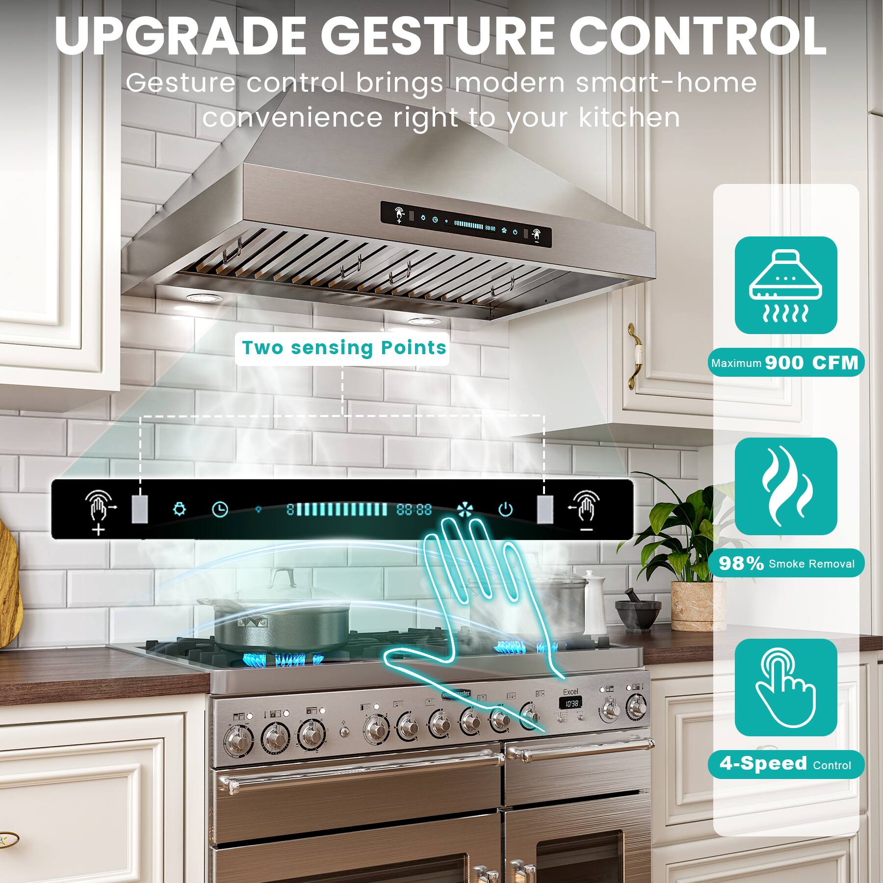 UPGRADE GESTURE CONTROL  
Gesture control brings modern smart-home convenience right to your kitchen  

- Two sensing Points  
- Maximum 900 CFM  
- 98% Smoke Removal  
- 4-Speed Control