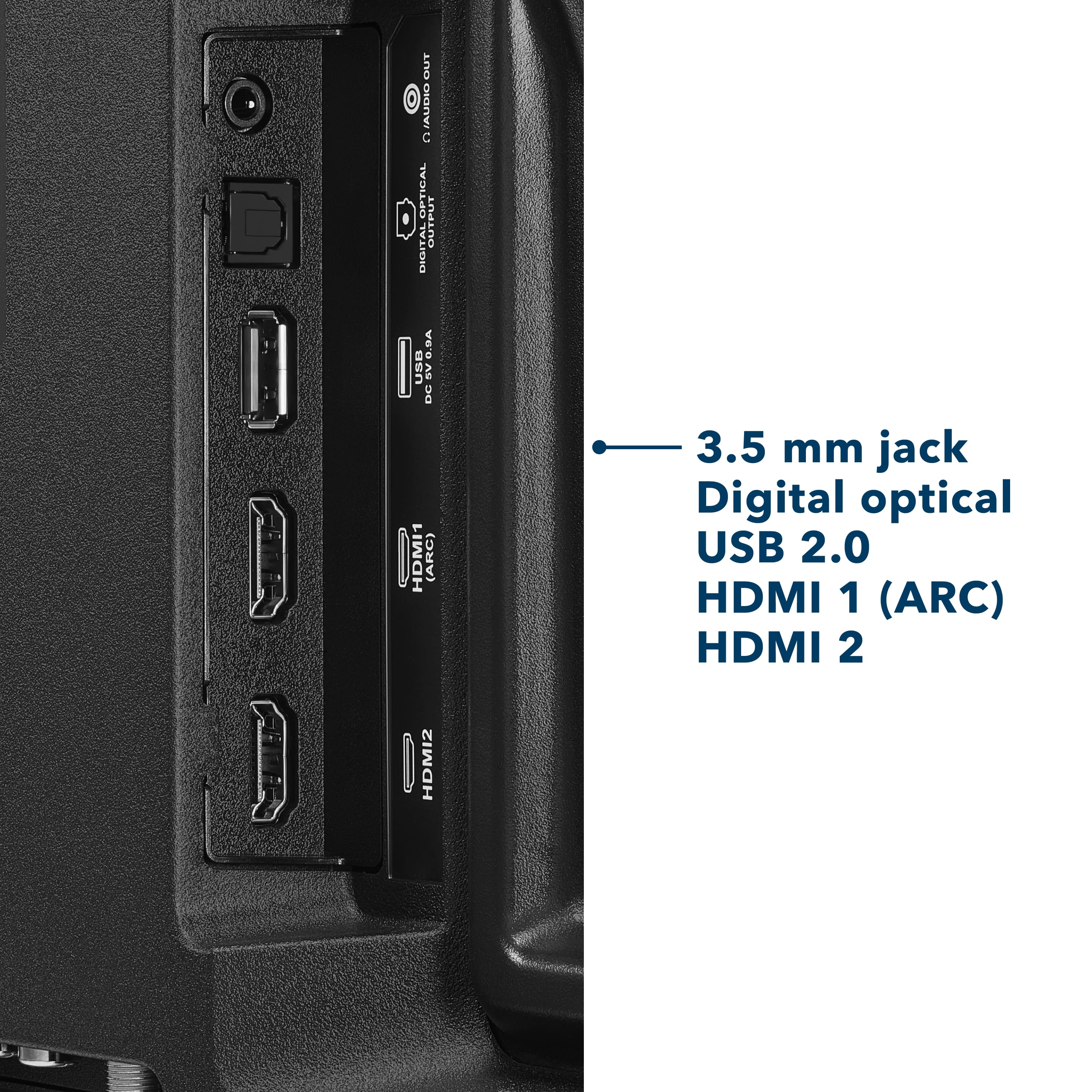 I) An Ethernet port with a CIAUDIO chip and a 3.5mm jack.
II) A USB 2.0 port.
III) A digital optical port.
IV) Two HDMI ports (ARC and HDMI 2).