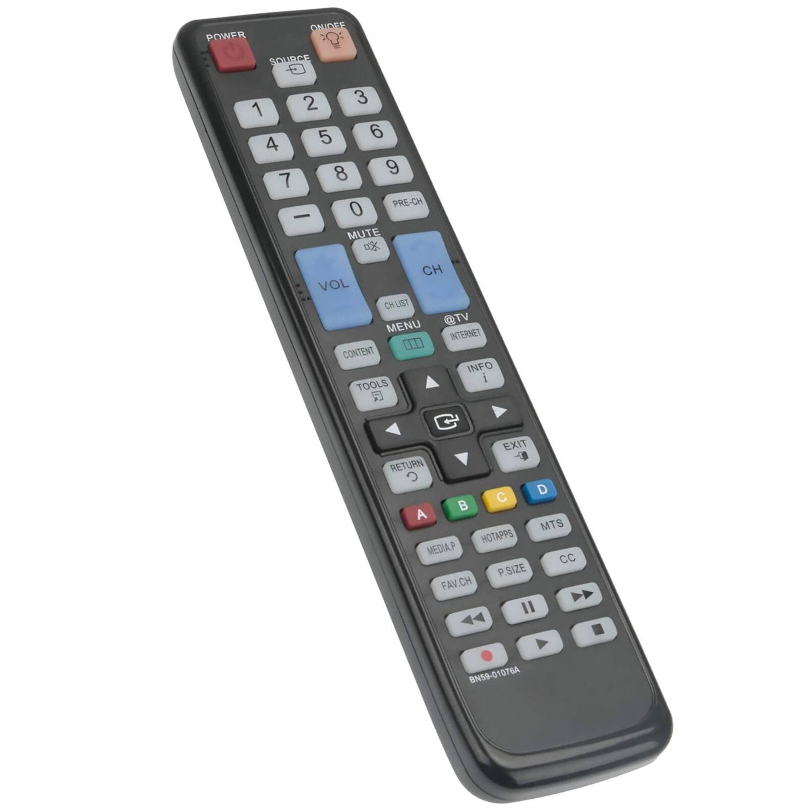 ON/OFF POWER SOURCE  
1 2 3 4 5 6 7 8 9 0 PRE-CH  
MUTE  
CH VOL CHLIST TV MENU INTERNET  
CONTENT INFO  
TOOLS G EXIT RETURN  
A B C D  
HOTAPPS MTS  
MEDIA.P CC  
P.SIZE FAV CH  
BN69-0107EA