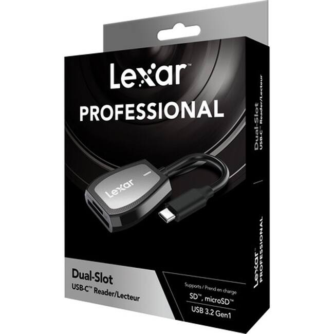 Lexar PROFESSIONAL  
Dual-Slot USB-C Reader/Lecteur  

Supports/Pren en charge: SD, microSD  
USB 3.2 Gen1