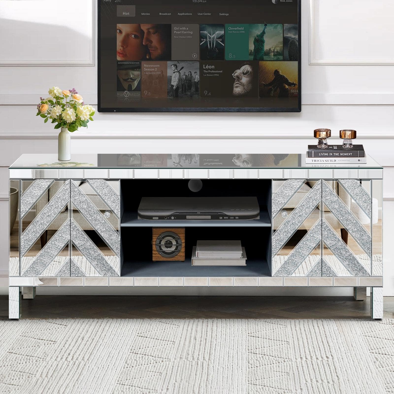 Spaco - Mirrored TV Stand for 65" TVs, M Shape Mirror Doors, 2 Storage Cabinets and Open Shelves,Console for Living Room - Silver