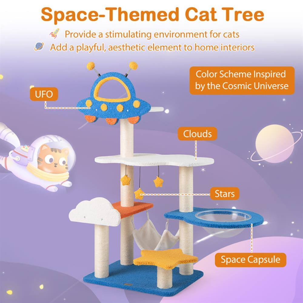 Space-Themed Cat Tree  
Provide a stimulating environment for cats  
Add a playful, aesthetic element to home interiors  

Color Scheme Inspired by the Cosmic Universe  
- UFO  
- Clouds  
- Stars  
- Space Capsule