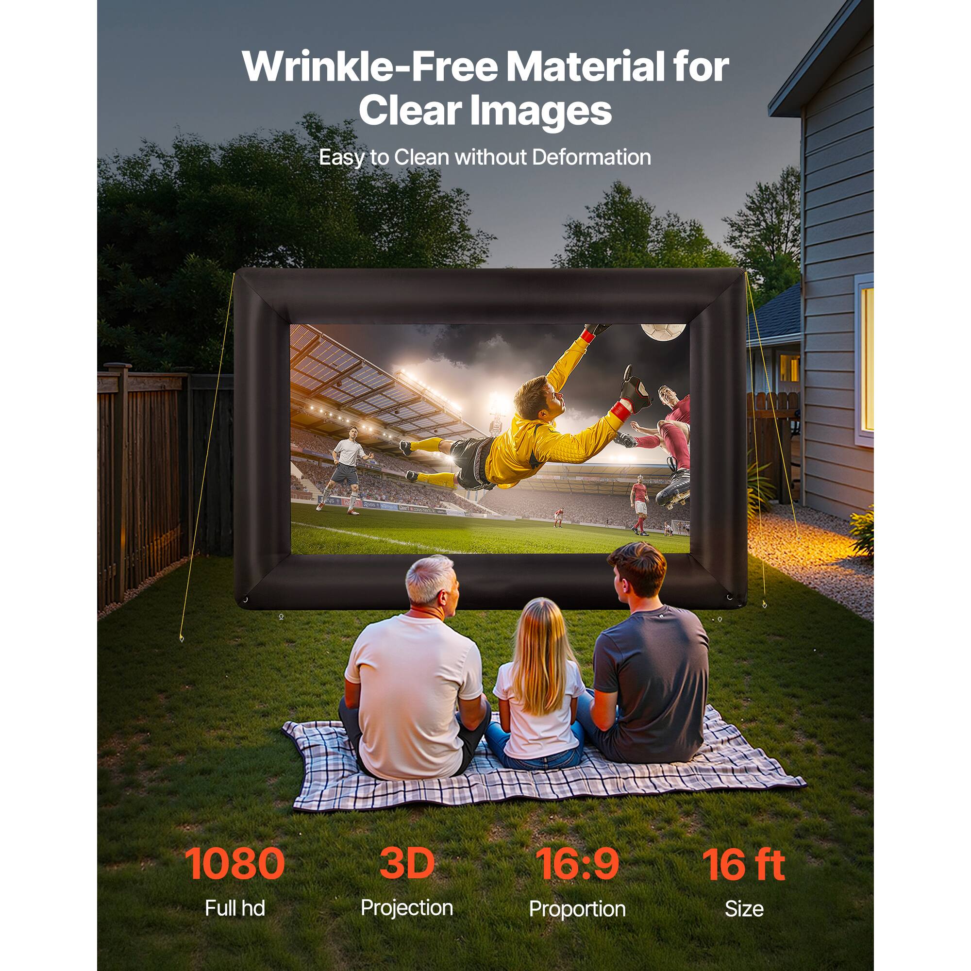 Wrinkle-Free Material for Clear Images, Easy to Clean without Deformation, 1080 Full hd, 3D Projection, 16:9 Proportion, 16 ft Size