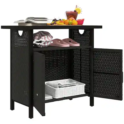 Front. Outsunny - Outdoor Pool Towel Storage Cabinet Organizer, Outdoor Bar Table with Shelf and Cabinet, Pool Towel Holder Pool Valet - Espresso.