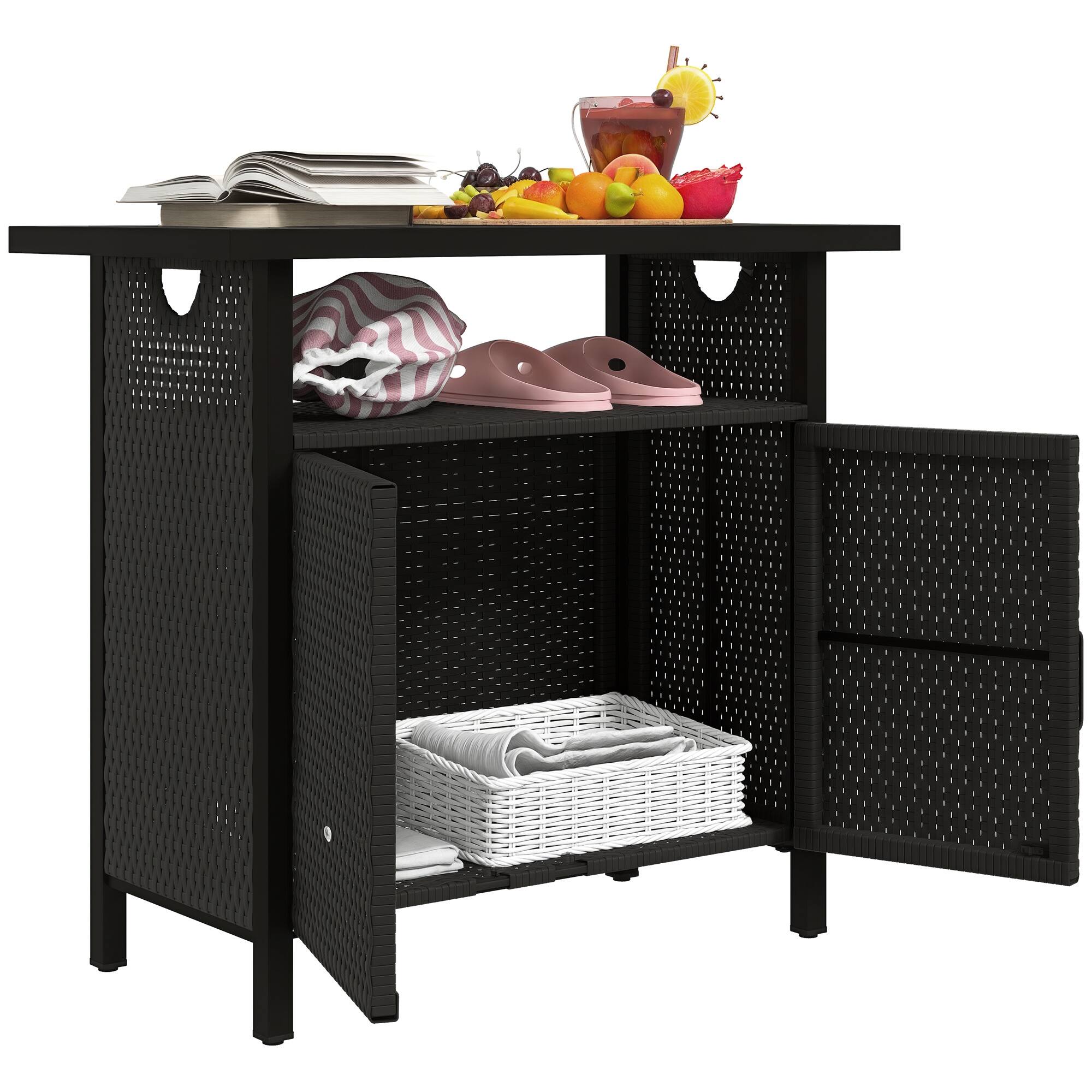 Front. Outsunny - Outdoor Pool Towel Storage Cabinet Organizer, Outdoor Bar Table with Shelf and Cabinet, Pool Towel Holder Pool Valet - Espresso.