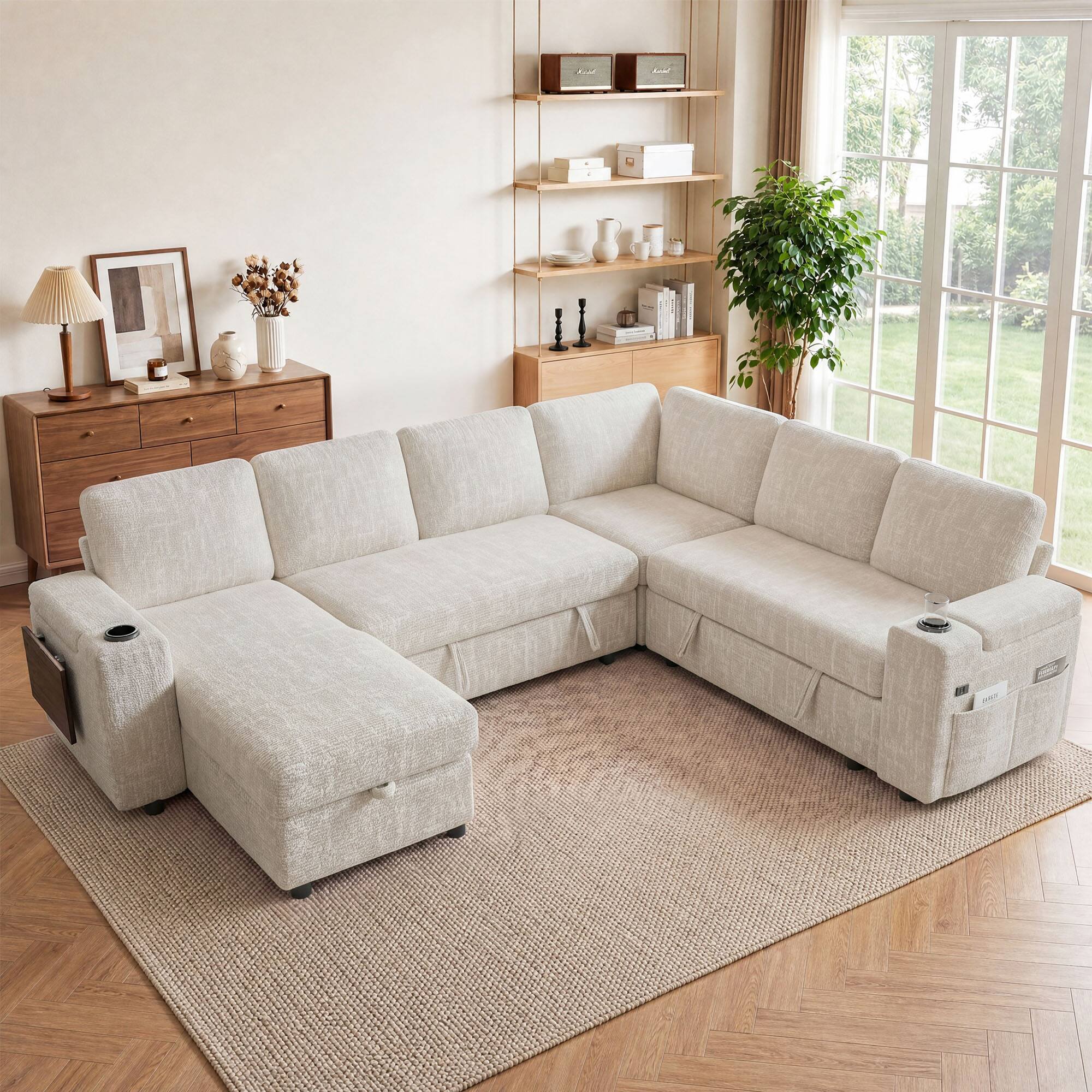 Alt View 2. Dyonery - 110" Sleeper Sofa with Pull Out Bed, L-Shaped Couch with Reclining Backrest/USB Ports/Cup Holder/Side Table/Storage - Beige.