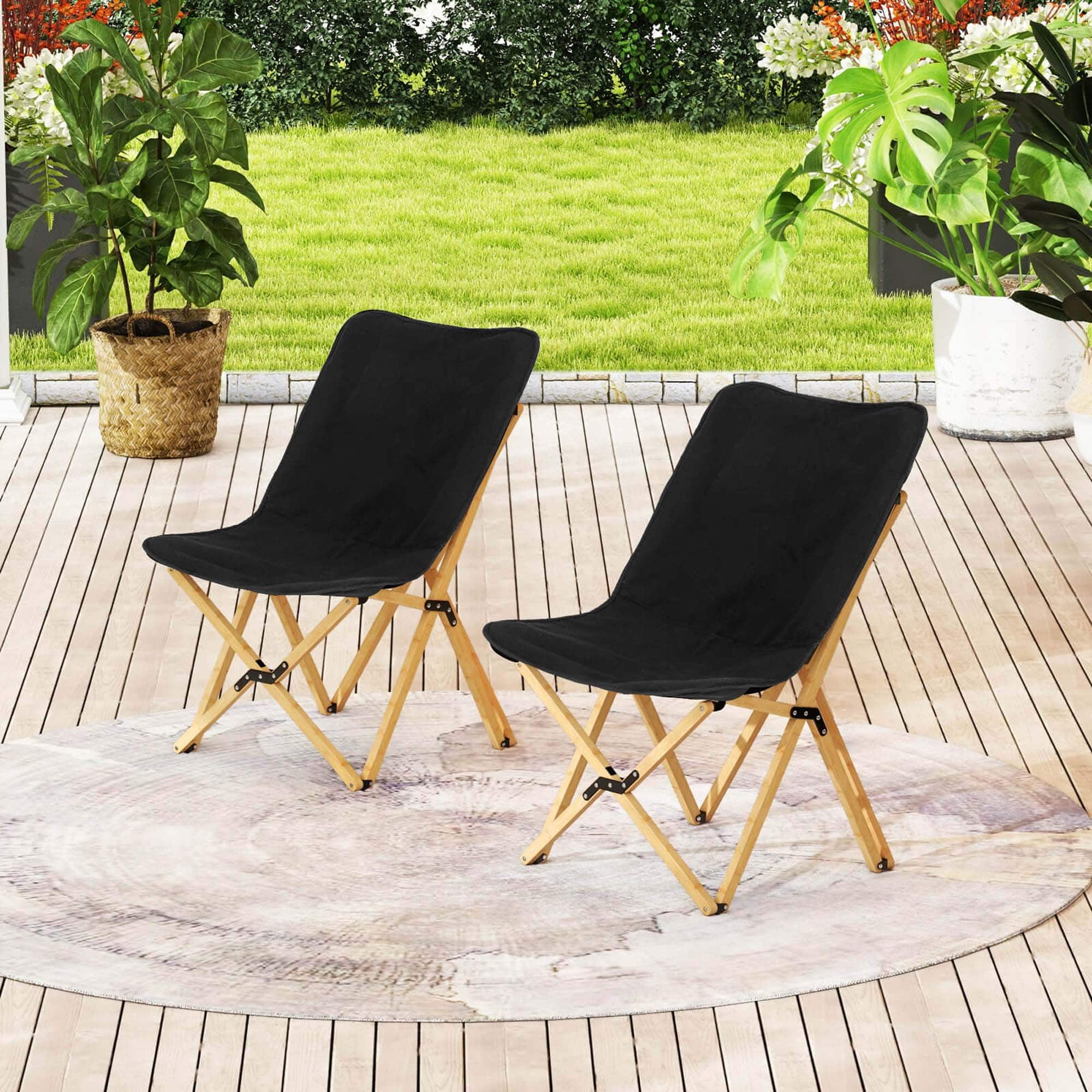 Alt View 1. Costway - Bamboo Butterfly Folding Chair Set of 2 with Storage Pocket 330 LBS Capacity Black - Black.