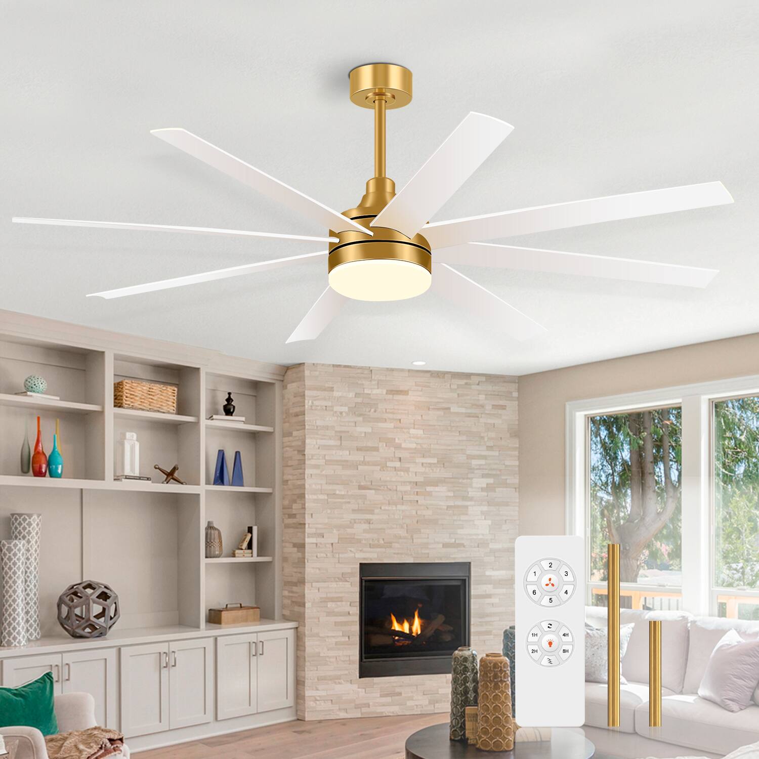 Left. Breezary - 65-Inch Ceiling Fan with 8 ABS Blades, 6-Speed DC Motor, Remote Control with Timer, 2 Downrods, Light/No-Light Options - Gold and White (With Light).