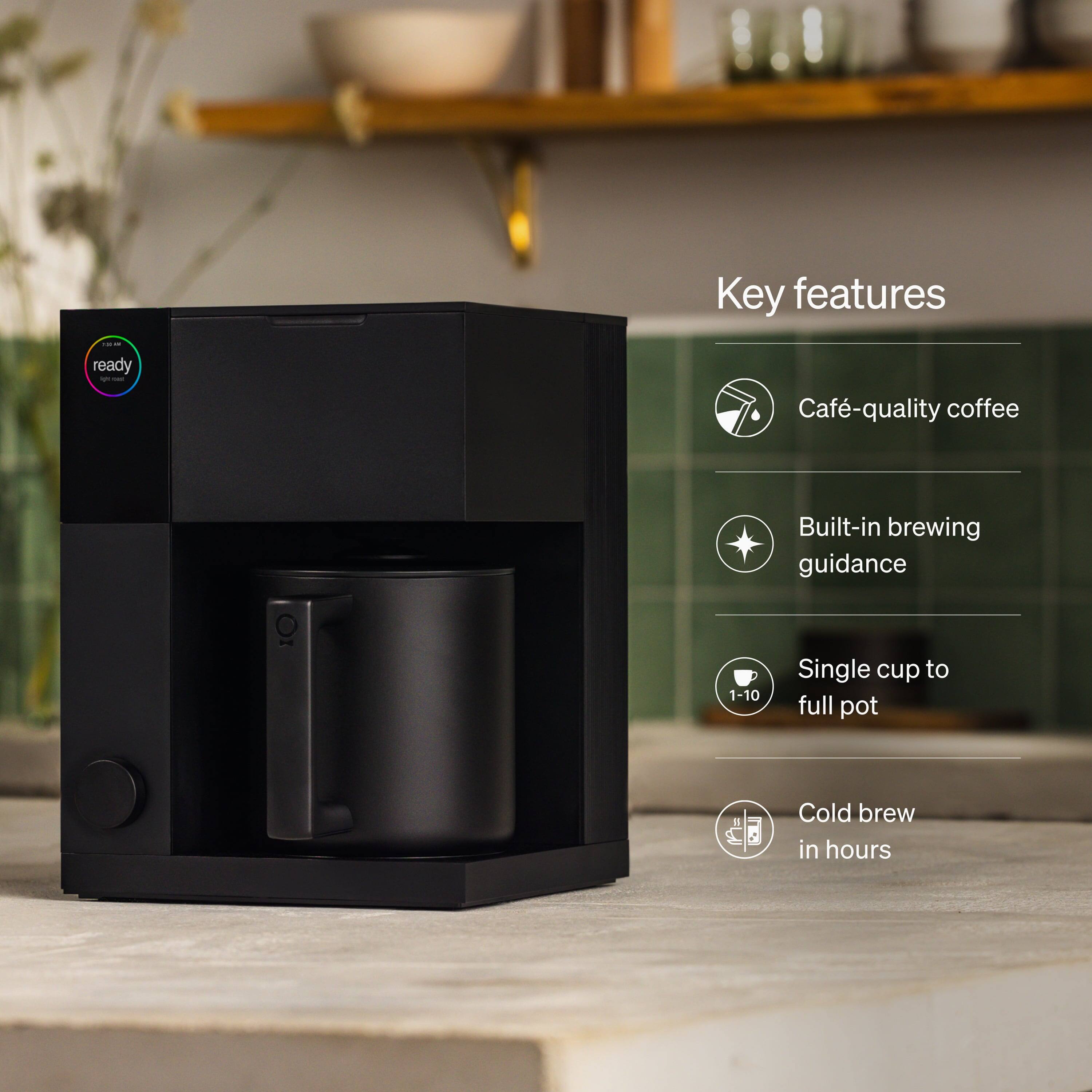 Key features:
- Café-quality coffee
- Built-in brewing guidance
- Single cup to full pot (1-10)
- Cold brew in hours