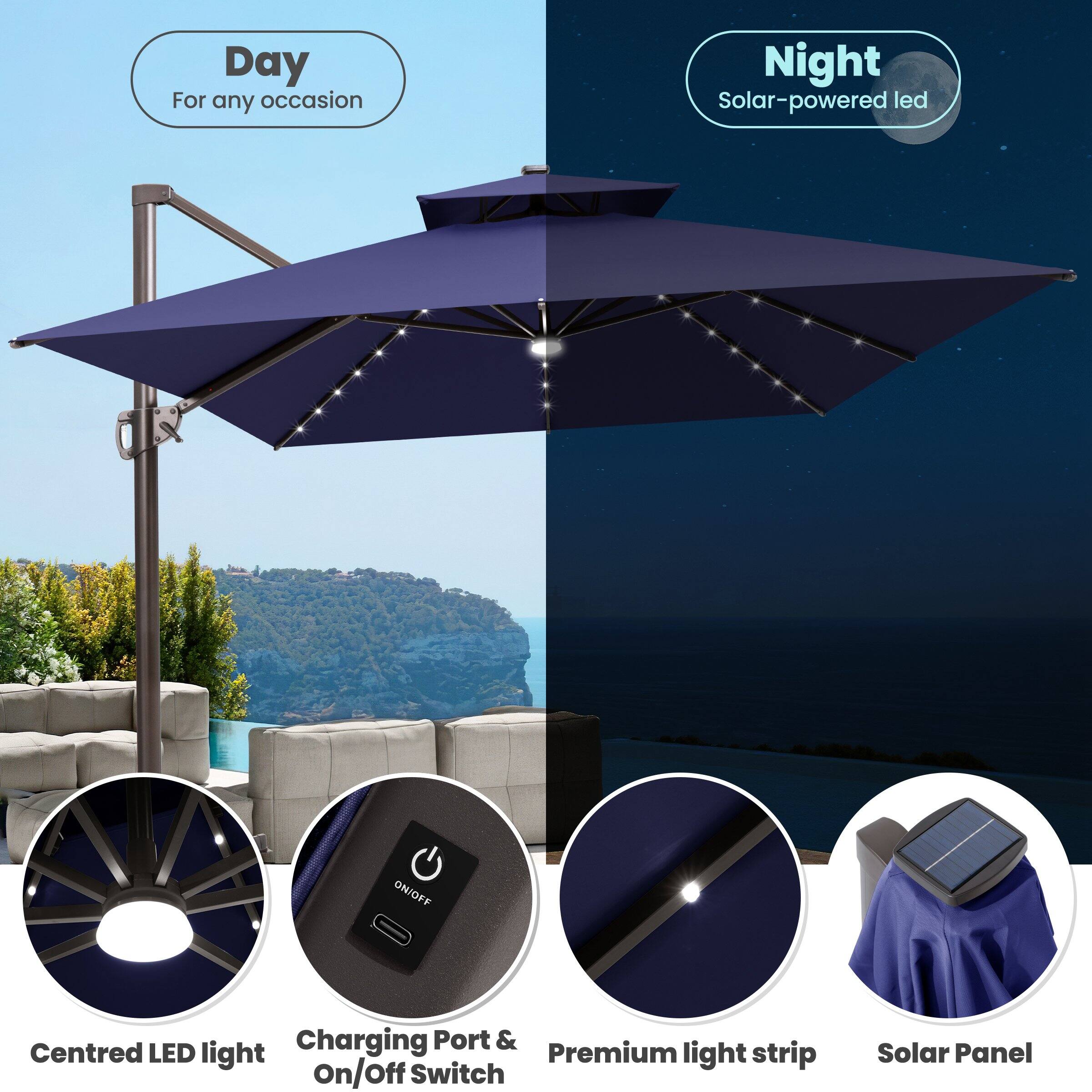 - Day: For any occasion
- Night: Solar-powered LED
- Centred LED light
- Charging Port & On/Off Switch
- Premium light strip
- Solar Panel