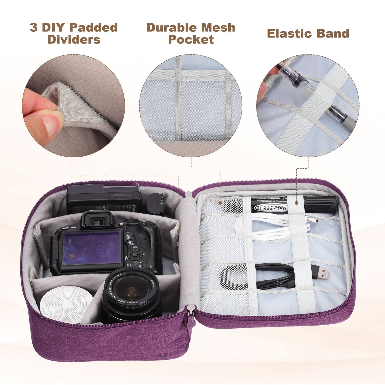 3 DIY Padded Dividers  
Durable Mesh Pocket  
Elastic Band