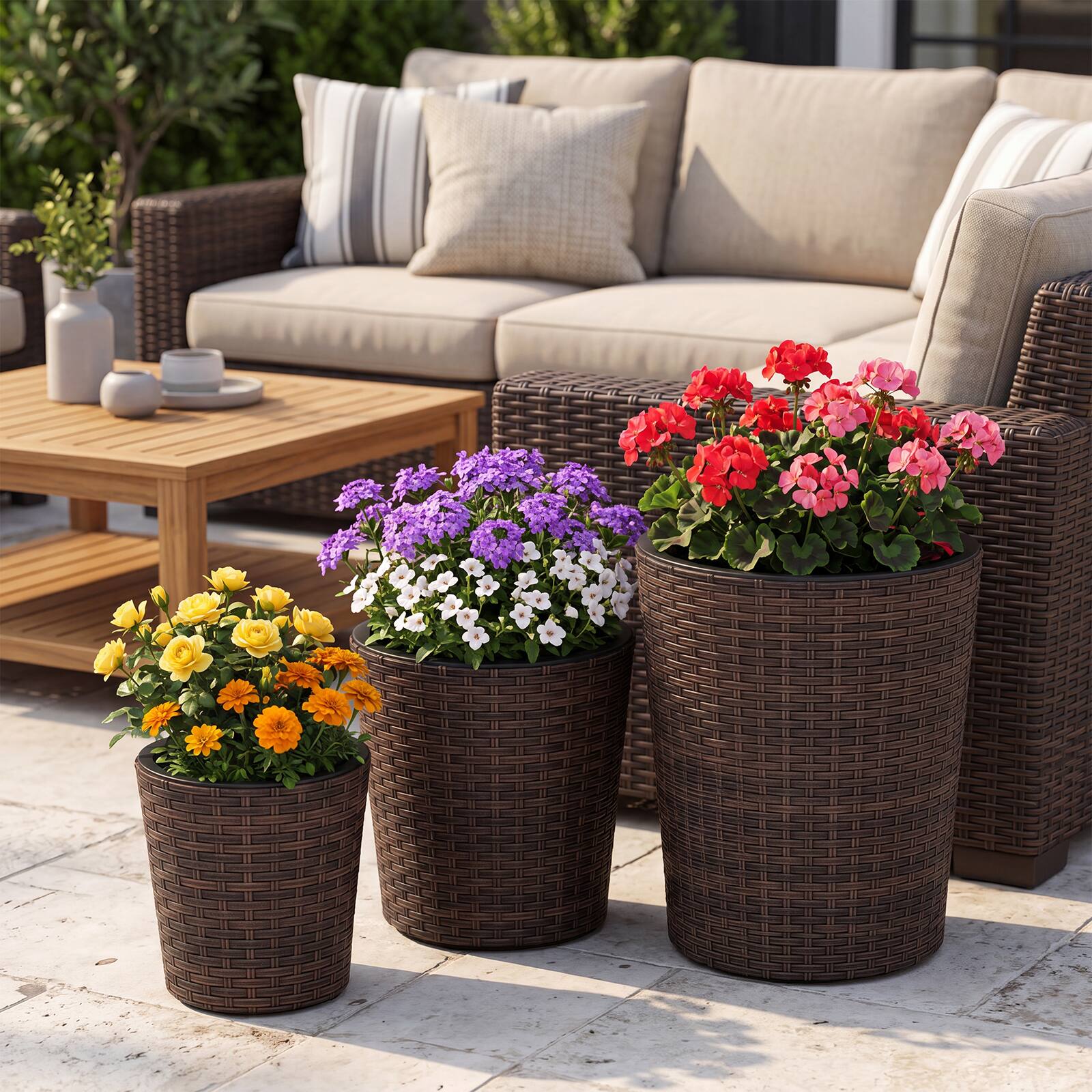 Alt View 4. Costway - Costway 3PCS Plastic Planters, 14 & 11 & 9 Inch Taper Rattan Planters with Drainage Holes - Brown.