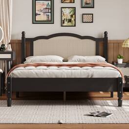 GOODSILO - Vintage Rattan Headboard Queen Size Platform Bed Frame with Wooden Slat Support - Black