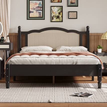 Front. GOODSILO - Vintage Rattan Headboard Queen Size Platform Bed Frame with Wooden Slat Support - Black.