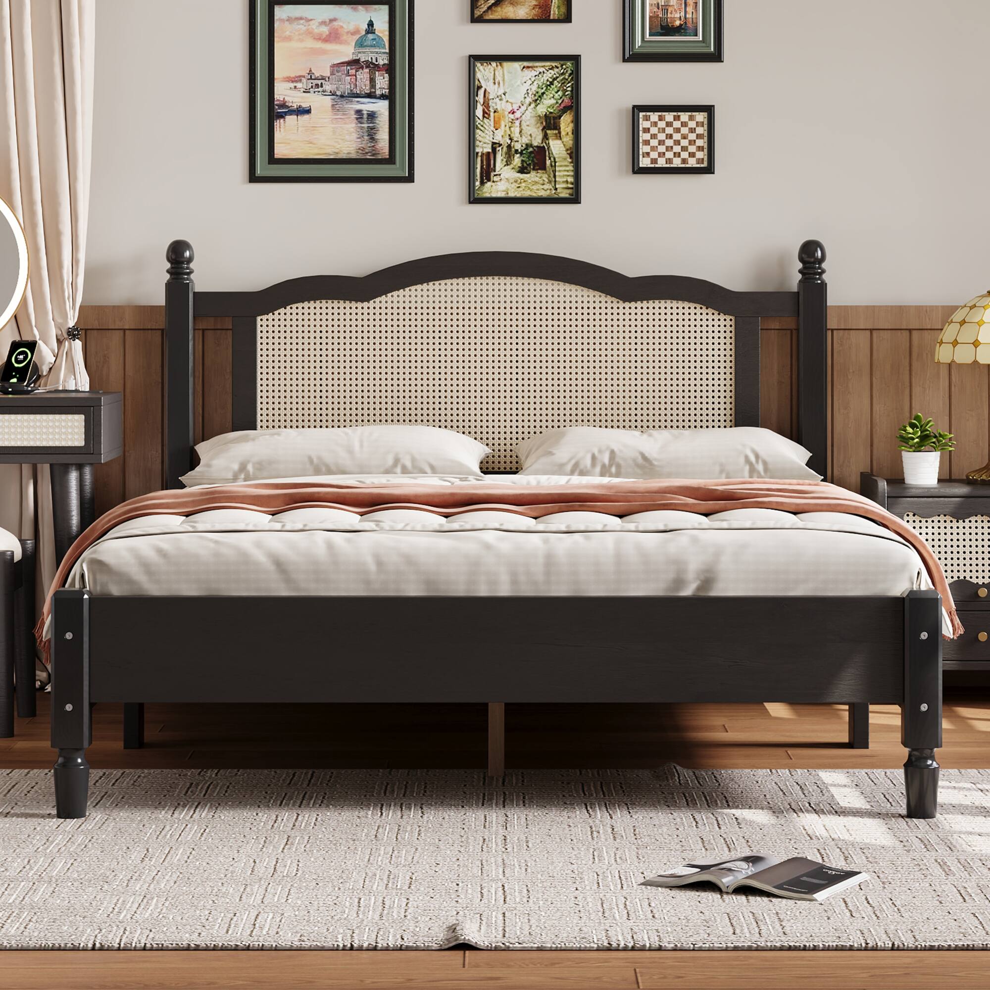 Front. GOODSILO - Vintage Rattan Headboard Queen Size Platform Bed Frame with Wooden Slat Support - Black.