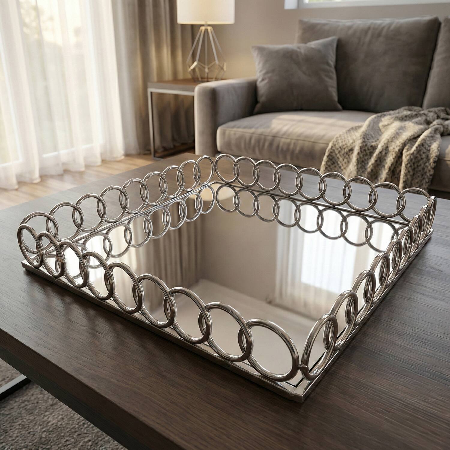 Angle. American Atelier - Looped Tray - Silver Square 15"D - Clear.