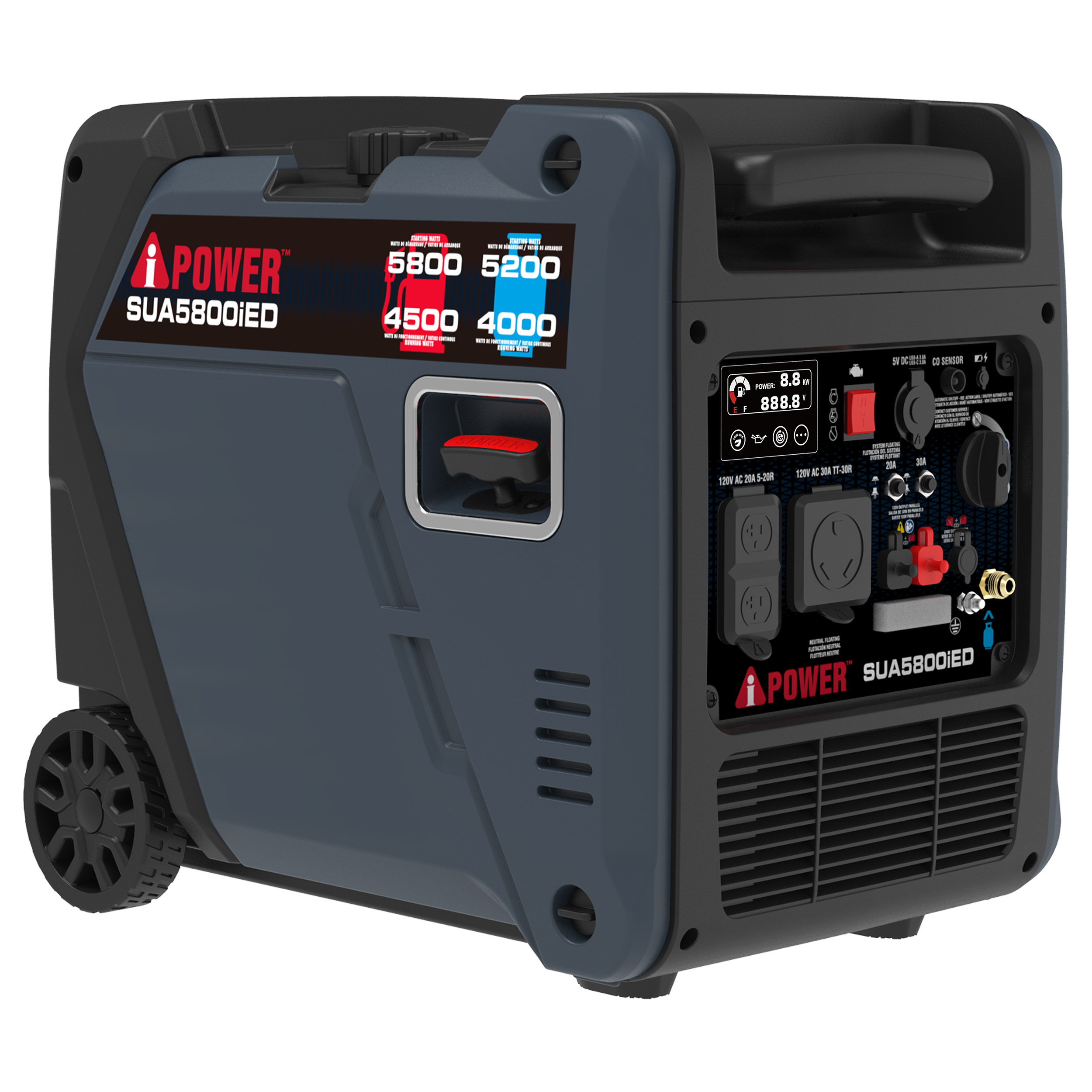 POWER SUA5800iED

5800 5200 4500 4000

8.8 888.8

120V AC 20A - 50/60Hz

120V AC 30A - TT-30R

5V DC USB

CO SENSOR

POWER SUA5800iED
