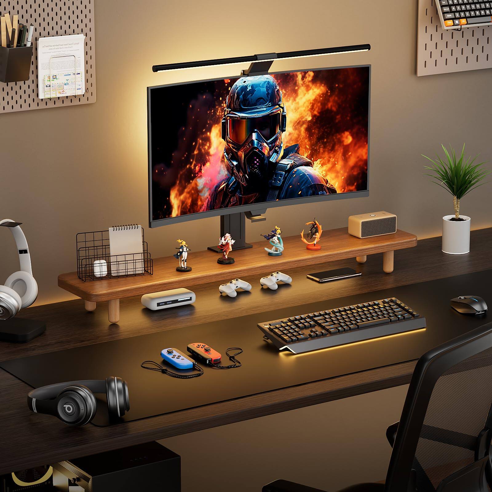 Alt View 3. Hanke - Dual Monitor Stand - 39 Inchs Wood Riser For 2 Monitor laptop Computer tv pc printers Office - Walnut 39.37in.