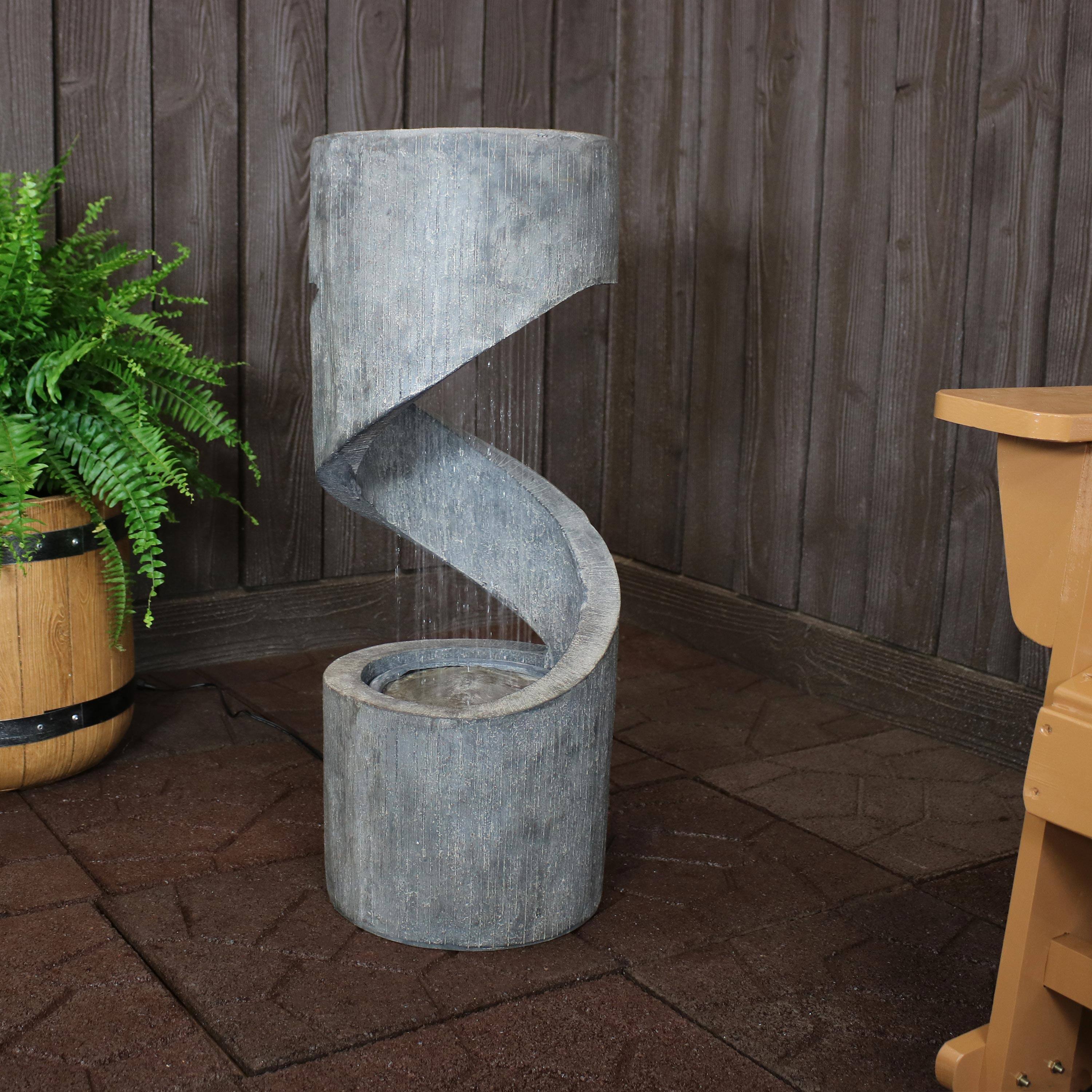 Alt View 4. Sunnydaze - Showering Spiral Outdoor Water Fountain with LED Lights - 31 in - Grey.