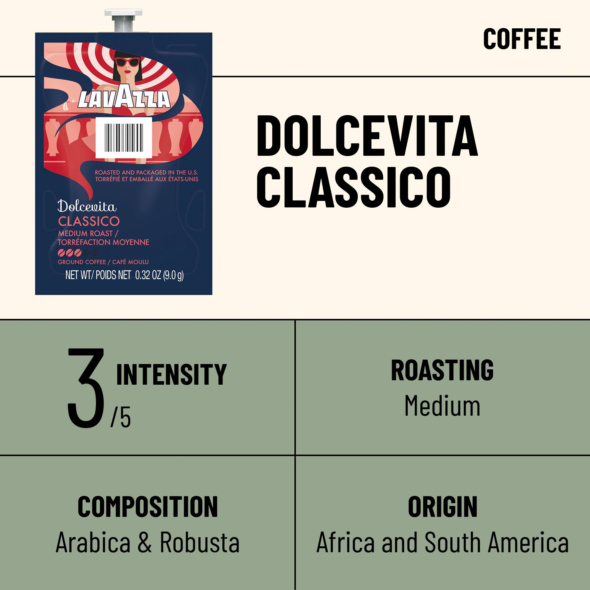 COFFEE

LAVAZZA DOLCEVITA  
ROASTED AND PACKAGED IN THE U.S.  
TORRFI ET EMBALL AUX ÉTATS-UNIS  

Dolcevita CLASSICO  
MEDIUM ROAST / TORRFACTION MOYENNE  
GROUND COFFEE / CAFÉ MOULU  
NET WT / POIDS NET 0.32 OZ (9.0g)  

INTENSITY 3 /5  
ROASTING Medium  
COMPOSITION Arabica & Robusta  
ORIGIN Africa and South America