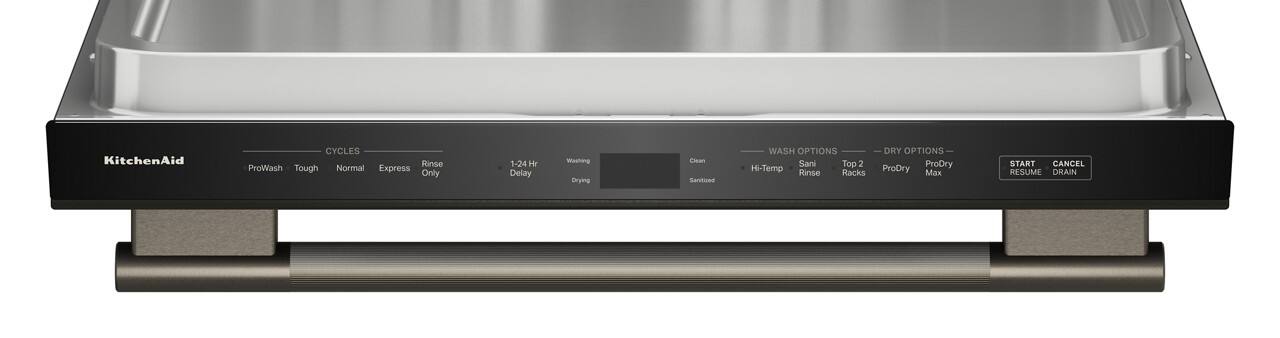 KitchenAid CYCLES Rinse ProWash Tough Normal Express Only 1-24 Hr Delay Washing Drying Clean Sanitized WASH OPTIONS Sani Top 2 Hi-Temp Rinse Racks DRY OPTIONS ProDry ProDry x START CANCEL RESUME DRAIN