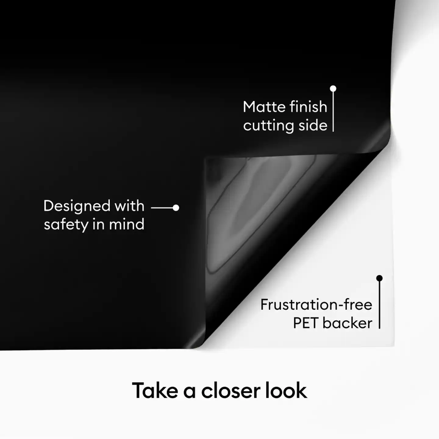 Matte finish cutting side  
Designed with safety in mind  
Frustration-free PET backer  

Take a closer look